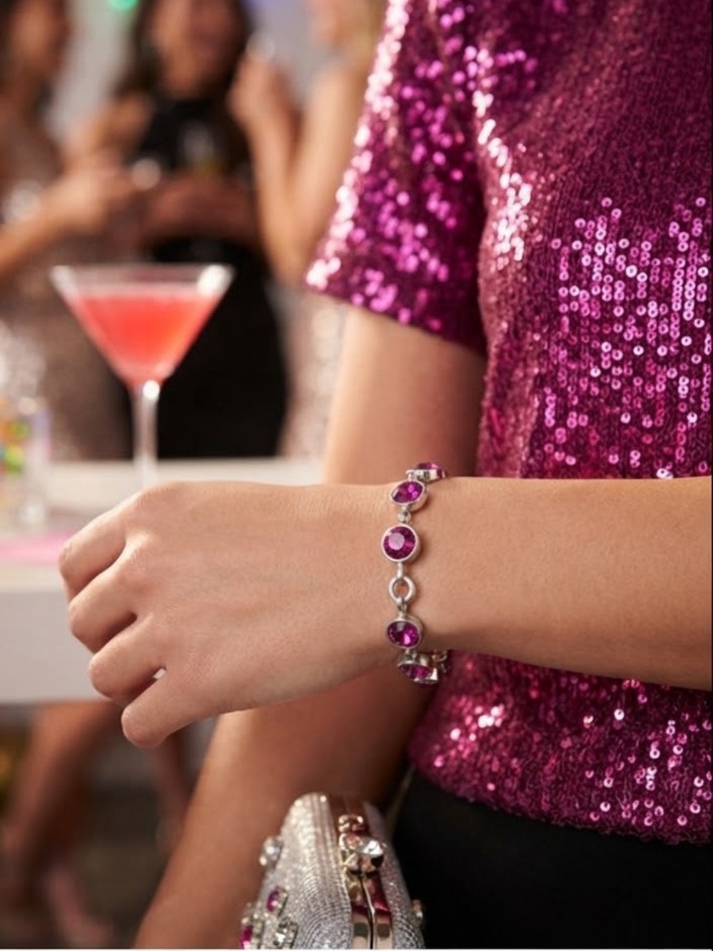 Silver Link Bracelet With Fuchsia Assents     - Women’s Silver-Tone Jewelry